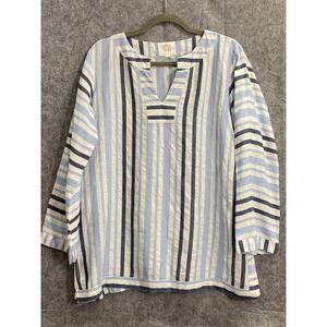 Pomegranate Blue White Stripe‎ Linen Tunic Coastal Resort Style Boho Minimalist